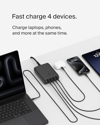Belkin 200W 4-Port GaN USB C Charger Block, Fast Charging for MacBook - color: Black