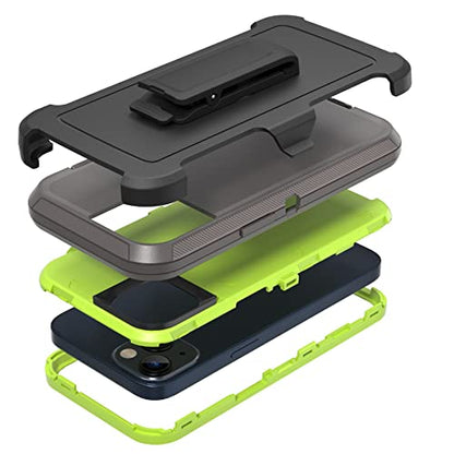 Rugged Phone Case for Apple iPhone 14, with Belt Clip Holster & Kickstand Heavy Duty Shockproof Protective Full Body Case Cover for iPhone 14 6.1 inch Phone (Dark Grey+Green) - color: Dark Grey+Green
