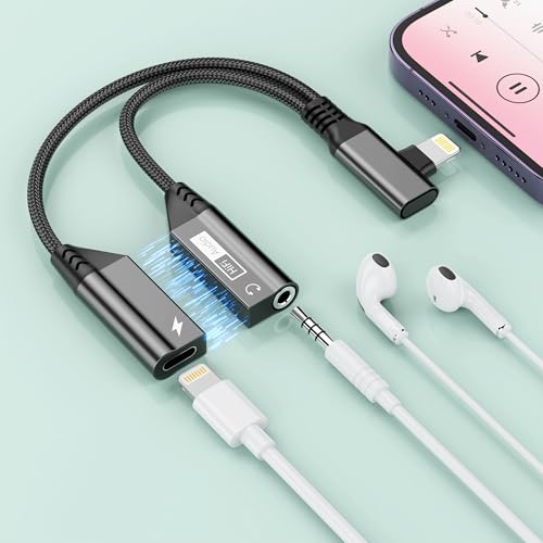 Magnetic 2-IN-1 Right Angle Lightning to 3.5mm Audio Jack Headphone and Charge Cable Adapter for iPhone,90 Degree Earphone Converter Splitter Support Music+Charge+HiFi+Mic for iPhone14 13 12 11