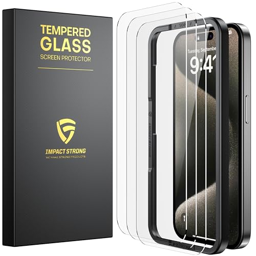 ImpactStrong Shatterproof Tempered Glass Screen Protector for iPhone 15 Pro Max [Easy Installation Frame] [Bubble Free] [9H Hardness] [Full Coverage] Case Friendly, 6.7 Inch - (3-Pack) - size: iPhone 15 Pro Max