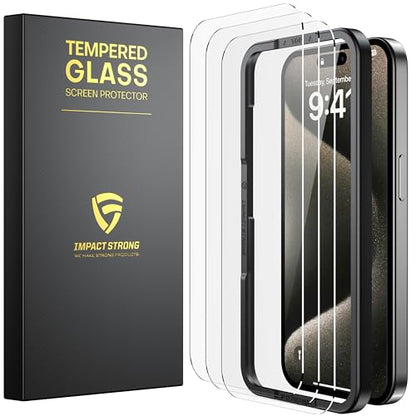 ImpactStrong Shatterproof Tempered Glass Screen Protector for iPhone 15 Pro Max [Easy Installation Frame] [Bubble Free] [9H Hardness] [Full Coverage] Case Friendly, 6.7 Inch - (3-Pack) - size: iPhone 15 Pro Max