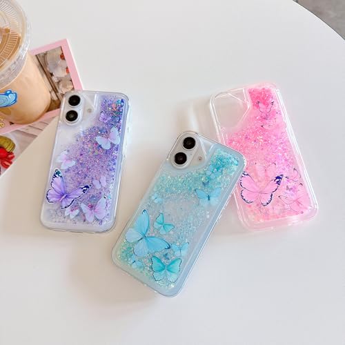 Compatible with iPhone 17 Pro Glitter Butterfly Case Glow in The Dark Women Girls Girly Bling Sparkle Flowing Quicksand Light up Soft TPU Bumper Luminous Clear Phone Cover, Pink - color: Blue, size: iPhone 17