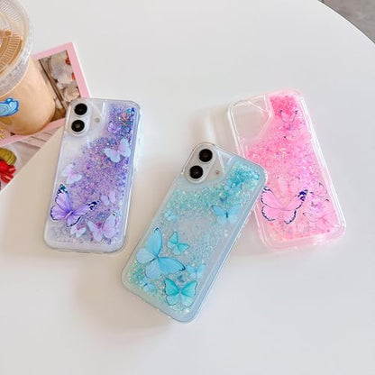 Compatible with iPhone 17 Pro Glitter Butterfly Case Glow in The Dark Women Girls Girly Bling Sparkle Flowing Quicksand Light up Soft TPU Bumper Luminous Clear Phone Cover, Pink - color: Blue, size: iPhone 17