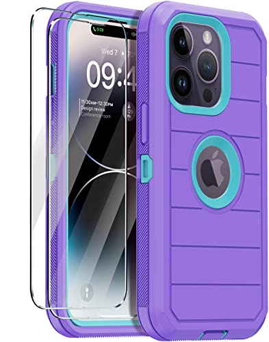 for iPhone 14 Pro Case with 2 Screen Protector,Full Body Shockproof Drop Protection Dust Proof Heavy Duty 3-Layer Rugged Durable Military Grade Cover for Apple iPhone 14 Pro 6.1" (Purple) - color: Purple/light green II