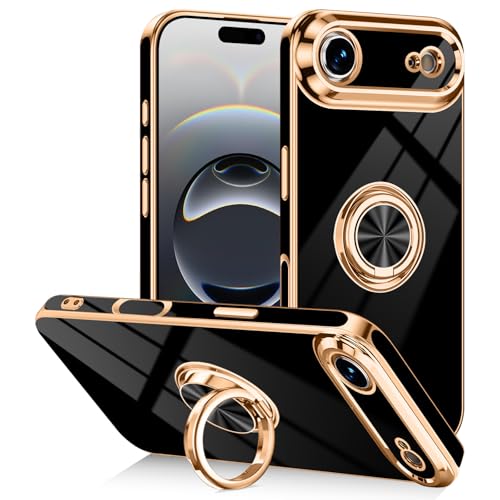 Designed for iPhone Air Case with Ring Stand Slim Black | 360° Rotatable Finger Holder, Support Magnetic Car Mount, Soft TPU Electroplated, Full Lens Protection, Shockproof Phone Case - color: Black, size: 6.5'' iPhone Air