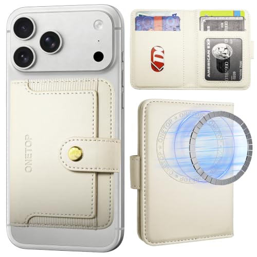 ONETOP for MagSafe Wallet,Magnetic Phone Wallet with 5 Card Slots,Beige | 1-12 Cards/Cash Holder for iPhone 17/16/15/14/13/12 Series,Detachable Wallet Stick-On Back,PU Leather RFID Blocking Kickstand - color: Beige