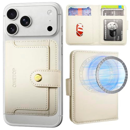 ONETOP for MagSafe Wallet,Magnetic Phone Wallet with 5 Card Slots,Beige | 1-12 Cards/Cash Holder for iPhone 17/16/15/14/13/12 Series,Detachable Wallet Stick-On Back,PU Leather RFID Blocking Kickstand - color: Beige