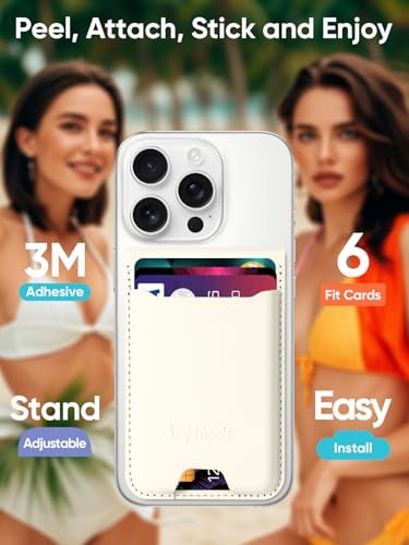 TopMade Phone Card Holder, Leather Phone Wallet Stick on with Stand, Open ID Window, 3M Adhesive Credit Card Holder for Back of Phone Case, iPhone, Samsung, and Android, Fit 6 Cards, Milky White - color: Milky White