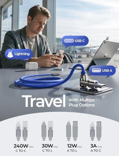 LISEN USB C to Lightning Cable, 240W 4 in 1 Charging Cable 6.6FT, Chubby USB A/C to C/Lightning with Light for iPhone Charger Fast Charging iPhone Air 17 16 15 14 Pro/MacBook/iPad, Dark Blue - color: Dark Blue, size: 6.6FT