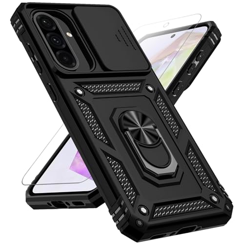 for Samsung Galaxy A36 5G Case with Slide Camera Cover HD Screen Protector [Military Grade 16ft. Drop Tested] Magnetic Ring Holder Kickstand Protective Phone Case for Galaxy A36 5G 2025, Black - color: Black w/ Slide Camera 2nd gen. Military Grade