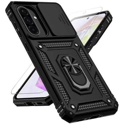 for Samsung Galaxy A36 5G Case with Slide Camera Cover HD Screen Protector [Military Grade 16ft. Drop Tested] Magnetic Ring Holder Kickstand Protective Phone Case for Galaxy A36 5G 2025, Black - color: Black w/ Slide Camera 2nd gen. Military Grade