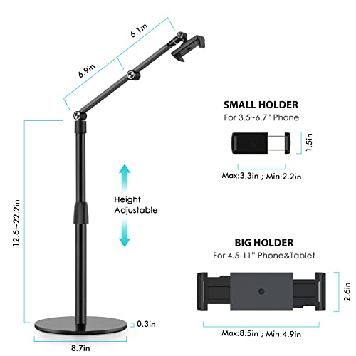 Viozon Tablet Phone Overhead Stand, Height & 360 Degree Angle Adjustable, Aluminum Desktop Stand, Compatible with 3.5-11" Cellphone or Tablet Such as iPhone iPad Pro Air Mini, Samsung, Nexus(AP-4P-B)