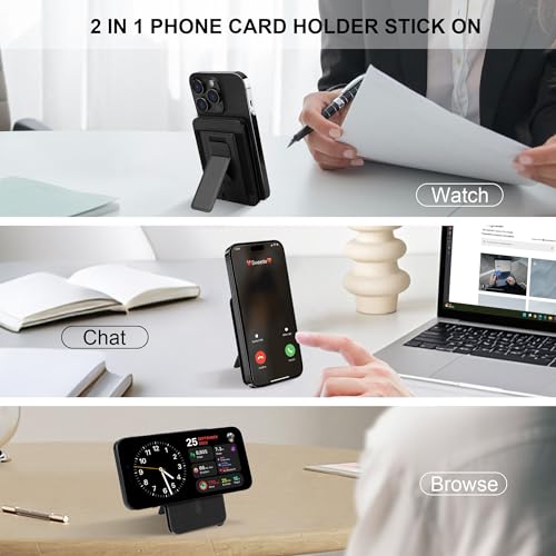 Magnetic Card Wallet for Phone,for Magsafe Wallet Quick Access to Cards,Pop up Credit Card Holder with RFID Blocking,Adjustable Phone Stand for iPhone 16/15/14/13/12 Series (Black) - color: Leather Stand w/Elastic - Jet Black