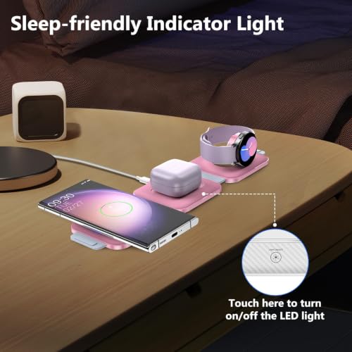 Travel Charger for Samsung Multi Devices, Foldable 3 in 1 Wireless Charging Station Fast Charging Stand/Pad Compatible for Samsung Galaxy S26/S25/S24/S23/Note20 Galaxy Watch8/7/6/Galaxy Buds4(Pink - color: Pink