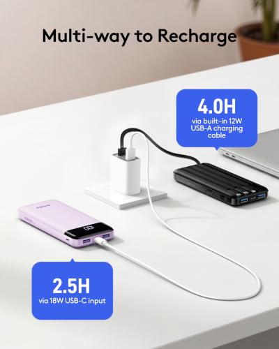 Orfeika Fast Charging Portable Charger Power Bank with Built-in 4 Cables | 10000mAh|Ultra-Slim&Light|Flight-Safe|Power 6 Devices at Once|22.5W|Battery Pack For iPhone,Samsung,Google|Travel Essentials - color: Purple