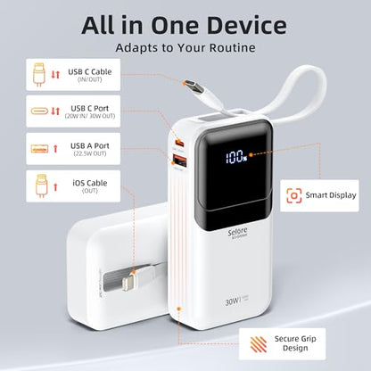 Portable Charger Power Bank Fast Charging,10,000mAh Battery Pack with Built in USB C & Lightning Cable,PD 30W Output for iPhone 17/16/15 Series,LED Display,4 Outputs for Samsung,Android etc