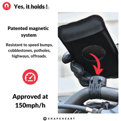 Shapeheart - Magnetic motorbike phone holder | Anti vibration motorcycle phone holder | Waterproof Motorcycle Handlebar phone mount | 360° orientation - size: 2XL phone up to 6.77" (17.2 cm)
