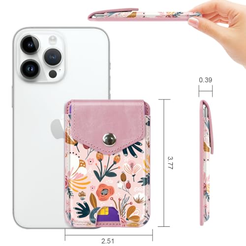 Self Adhesive Card Holders for Back of Phone, Premium Leather RFID Phone Wallet Pockets with Snap, Card Holders Sleeve for Phone Case, Pink Flower - color: Pink Flower