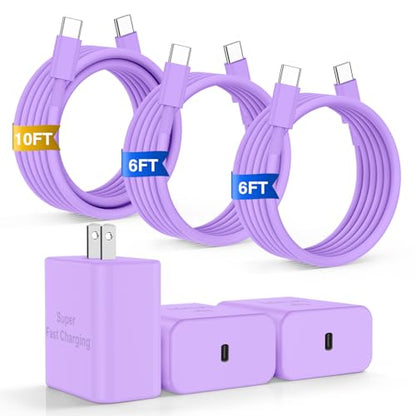 Fast Charger for iPhone 17 Pro Max, Super Fast USB C (6+6+10) FT Cables - color: Purple