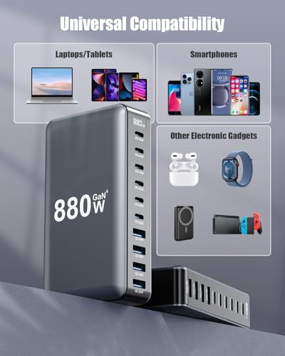 880W USB C Charger Block,10-Port USB C GaN Multiple Port Charging Station