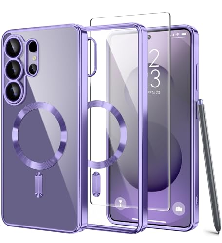 Magnetic Case for Samsung Galaxy S26 Ultra with Screen Protector,[Compatible with MagSafe][Full Camera Protection]Slim Military Shockproof Plating Phone Cover for Galaxy S26 Ultra(Light Purple/Clear) - color: Light Purple/Clear, size: Samsung Galaxy S26 U