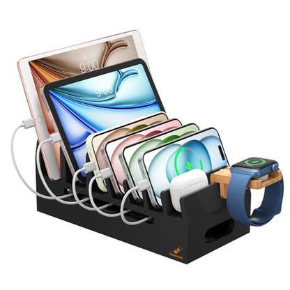 Bamboo Charging Stand for Multiple Devices Phone Watch Stand-Black - color: Black (No USB Charger)