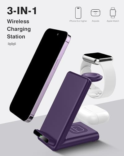 Wireless Charging Station,3 in 1 Charging Stand for Apple Multiple Devices - color: Purple