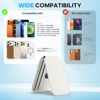 SHIELDON Genuine Leather Magnetic Wallet Stand for MagSafe, White | Strong Magnetic, Card Holder, Kickstand, Angle Adjustment, Rfid Blocking, for iPhone 17/16/15/14/13/12 Series & Magnet Case - color: White