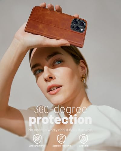 OCASE Compatible with iPhone 16 Pro Wallet Case, PU Leather Flip Folio Case with Card Holders RFID Blocking Kickstand [Shockproof TPU Inner Shell] Phone Cover 6.3 Inch 2024, Brown | Card slot stand function, RFID blood protection case, flip case, mobile p