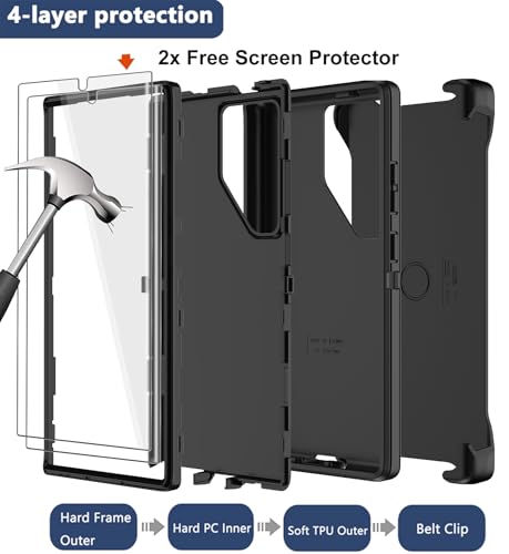 for Samsung Galaxy S24 Ultra Case with Belt Clip Holster, 2X Screen Protector, Heavy Duty Military Grade Full Body Shockproof Rugged Protective Cover for Samsung S24 Ultra 5G (Black) - color: Black