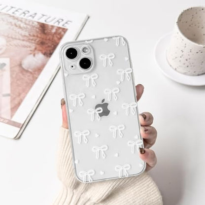 NITITOP Compatible with iPhone 13 Case Clear Cute Bow Ribbon Love Heart Pattern for Women Girls Bowknot Full Camera Lens Soft TPU Slim Shockproof Protective Cover - White - color: White, size: iPhone 13