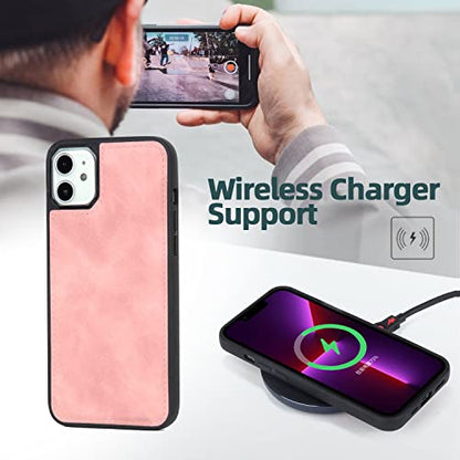TwoHead for iPhone 11 Wallet case with 11 Card Holder (Pink) | Detachable Magnetic Phone Case, PU Leather Wallet for Women/Men,Wireless Charging Compatible,with Wrist Strap - color: Pink