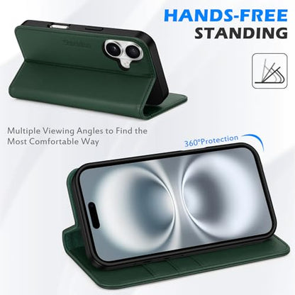 SHIELDON Genuine Leather Wallet Case for iPhone 16 6.1" 2024, Evergreen | RFID Blocking, Credit Card Holder, Magnetic Closure, Kickstand, Folio Design, Full Protection, Shockproof Phone Cover - color: Evergreen