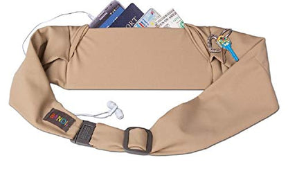 BANDI Running Belt for Women & Men – USA Made No-Bounce Adjustable Waist Pack & Secure Fanny Pack – Fits All Phones, Gels & Essentials – Zipper-Free, Medical Device Friendly - color: Taupe