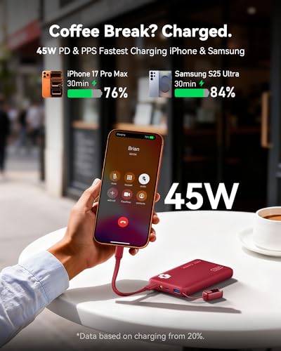 INIU 10000mAh 45W Fast Charging Portable Charger, Smaller Travel Power Bank - color: Red
