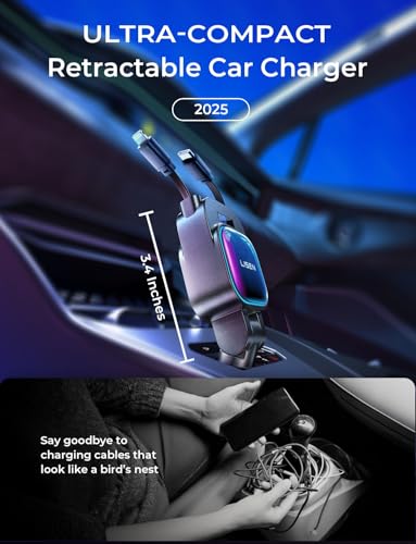 LISEN 96W Fast Charging Retractable Car Charger[USB C Cable & L Cable], 4 in 1 Retractable Car Charger Fast Charging Car Charger for iPhone 17 Pro Max 16 15 14 13, Samsung Galaxy S25/24,Black