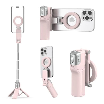 AMAZEAR Phone Camera Grip with Selfie Stick Tripod, Cellphone Accessories for iPhone 16 17 18 Pro Max with Multi-Functional Bluetooth Controller, Comfort Ergonomic Handle Holder, Pink - color: Pink