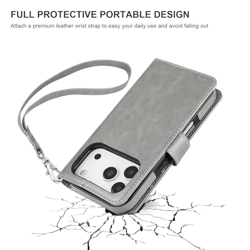 Bocasal Detachable Wallet Case Card Holder for iPhone 17 Pro, Grey | RFID Blocking Kickstand Card Slots Holder PU Leather Magnetic Shockproof Wrist Strap Removable Flip Protective Cover 6.3 inch - color: Gray