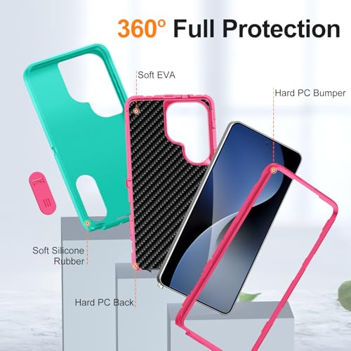for Samsung Galaxy S26 Ultra Case with Kickstand Case 3-Layer Military Grade Protective Case Cover Silicone Heavy Duty Rugged Shockproof for Galaxy S26 Ultra Phone Case (Cyan+Rose Red) - color: Cyan+Rose Red