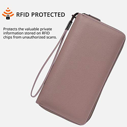 Bveyzi Women RFID Blocking Wallet Leather Zip Around Phone Clutch Large Capacity Ladies Travel Purse Wristlet - color: Dark Pink