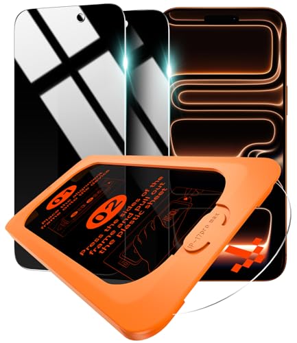 OMOTON Privacy Screen Protector for iPhone 17 Pro Max, 2 Pack | Auto-Align Installation | Tempered Glass with 9H+ Hardness & 12FT Military Grade Shatterproof, 100% Anti-Spy, Full Coverage - size: iPhone 17 Pro Max