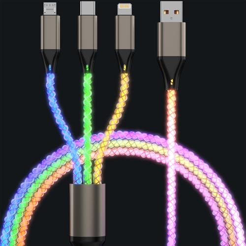 Light Up Charging Cable 66W USB C 3 in 1 Charger Cable RGB LED Light Up Glowing Light Up Charging Cable iPhone Cord 4 FT Multi Cable with Light for iPhone 16/15/14/13/12Series/iPad Pro/Samsung/Pixel