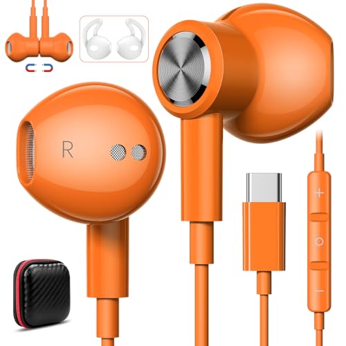 Jelanry Magnetic USB-C Wired Earbuds HiFi Stereo Headphones with Mic Orange - color: Orange