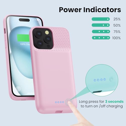Battery Case for iPhone 15 Pro Max,Powerful 8600mah Ultra-Slim Protective Charging Case,15W Fast Charging Portable Rechargeable Expandable Battery Charger Cover for iPhone 15 Pro Max(6.7inch)-Pink - color: Pink