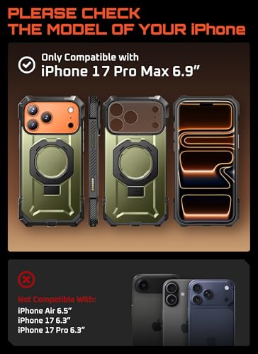 SUPCASE for iPhone 17 Pro Max Case with Built-in Kickstand, Green | Camera Control Cover, Compatible with MagSafe, Anti-Slip Grip, Military-Grade Protection, Rugged Magnetic Phone Case, UB Grip - color: Guldan, size: iPhone 17 Pro Max