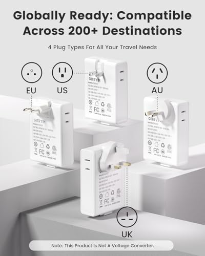 Gitryin Travel Plug Adapter with Retractable 31.5in Type-C Cables, 12-in-1 Desktop Charging Station with 3 Retractable Type-C Chargers and 1 Lightning Charger
