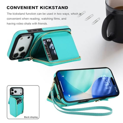 Bocasal Crossbody Wallet Case Card Holder for iPhone 17 Pro Max Mint Green | RFID Blocking PU Leather Zipper Handbag Purse, Kickstand Flip Folio Case with Card Slots Holder Wrist Strap Lanyard 6.9 Inch - color: Green