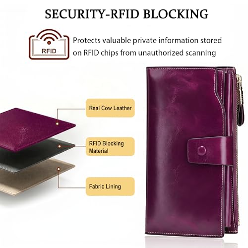 YALUXE Women's Real Leather Wallet RFID Protect 21 Card Slots Phone Pocket - color: 5- Waxed Fuchsia, size: Genuine Leather