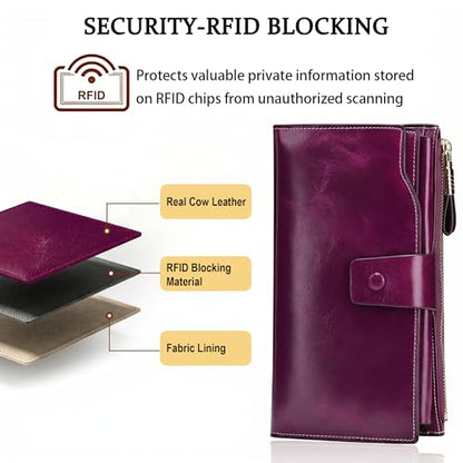 YALUXE Women's Real Leather Wallet RFID Protect 21 Card Slots Phone Pocket - color: 5- Waxed Fuchsia, size: Genuine Leather
