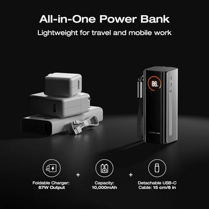 EF ECOFLOW RAPID Pro Power Bank with 67W Wall Plug, 10,000mAh 3-in-1 Portable Charger with Built-in USB-C Cable, 45W Fast Recharging, Travel Essentials for iPhone 17/16 Series, Galaxy, Laptops, and More - color: Gray Black